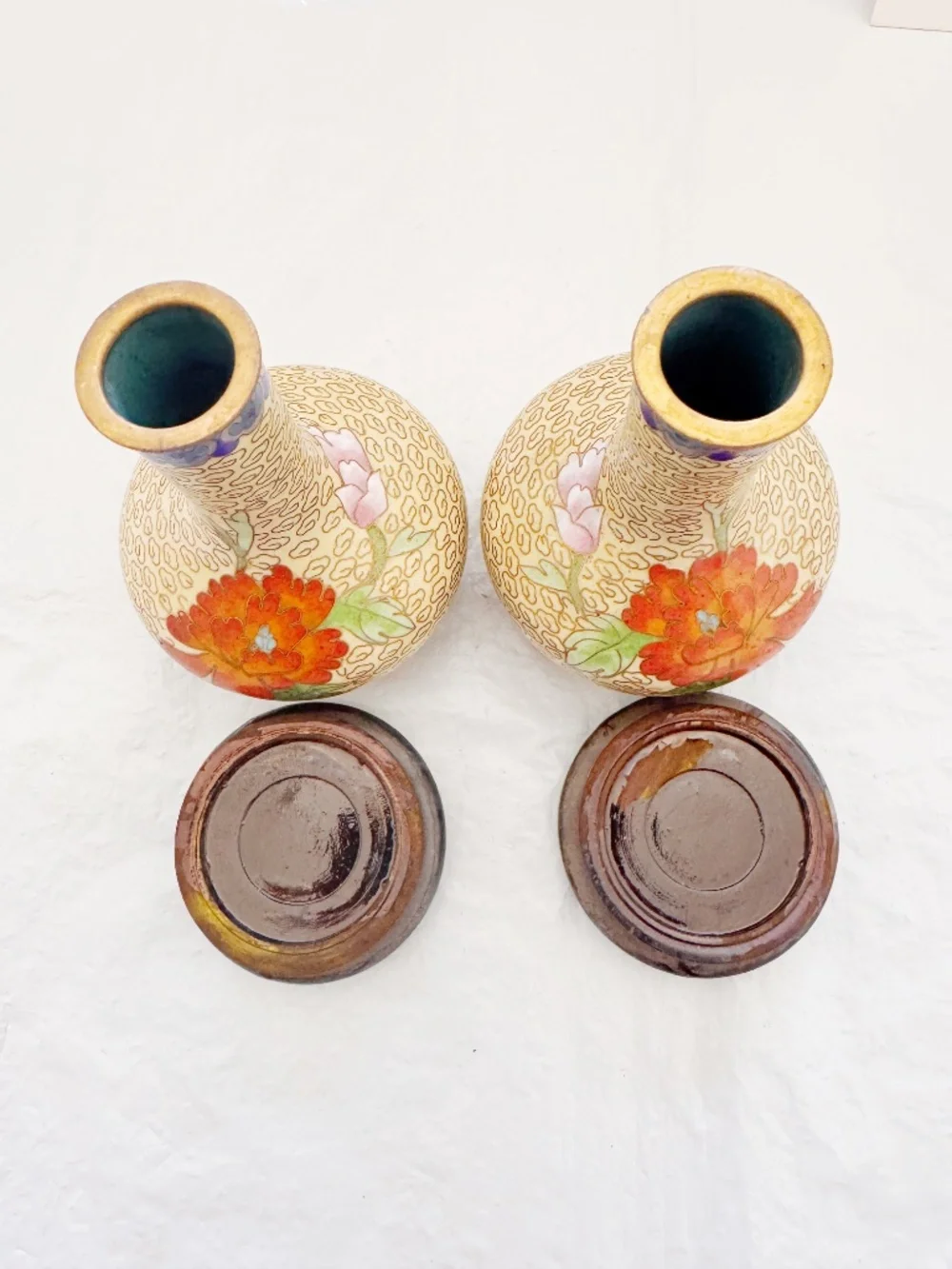 Vintage Pair Chinese Enamel Cloisonne Vases Yellow Floral Pattern & Stands 5